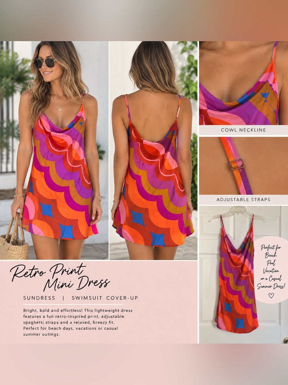 Colorful Retro Print Mini Sundress / Swimsuit Cover-Up